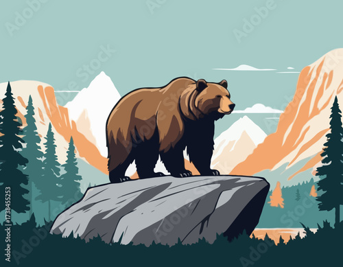 A Powerful Bear Standing Proudly on a Rock Surrounded by a Peaceful Natural Scene vector image