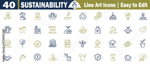 Sustainability Comprehensive 40 Line Art Icons set. With Blue and Gold Tones, recycle, globe, hand, leaf, footprint, house, reduce reuse recycle, plant, water drop, shopping bag, vector illustration. 