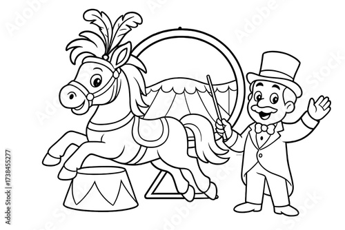 Circus Horse Art. Circus coloring page: horse with feathers jumping, circus ring behind, trainer waving, black and white vector