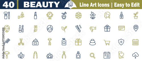 Beauty and Spa Line Art Icons Set. Health and Personal Care, wellness, self-care, cosmetics, makeup, skincare, massage, relaxation, meditation, yoga, nature, drops, hair dryer, vector illustration. 