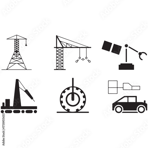 Collection of industrial and construction icons featuring cranes power towers vehicles and equipment
