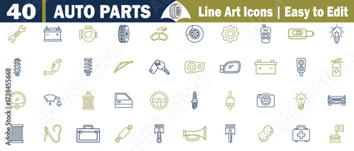 Auto parts and safety equipment line art icons set. Including auto parts, automotive, vehicle, engine, tire, battery, wrench, gear, wheel, brake disc, remote control, light bulb, vector illustration. 