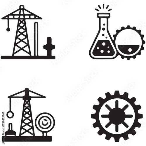 Set of industrial icons representing energy production and mechanical engineering concepts