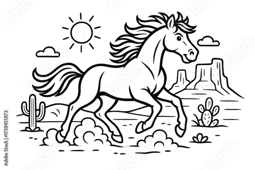 Wild Mustang Gallop. Desert & Wild West coloring page: wild mustang horse running through desert, dust clouds rising, sun above,