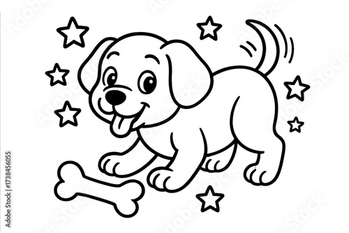 Playful Puppy Scene. Animals & Pets coloring page: playful puppy wagging tail, bone on ground, stars around, black and white