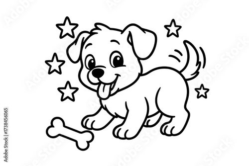 Playful Puppy Scene. Animals & Pets coloring page: playful puppy wagging tail, bone on ground, stars around, black and white