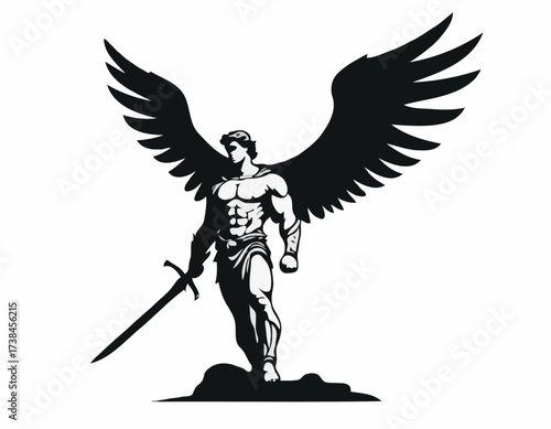 Male Angel Warrior in Dramatic Pose Silhouette vector image isolated on white background.