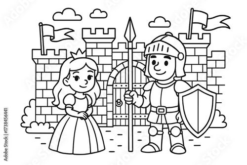 Knight Guarding Castle. Princess & Knights coloring page: knight guarding castle gate with spear, banners waving, stone walls
