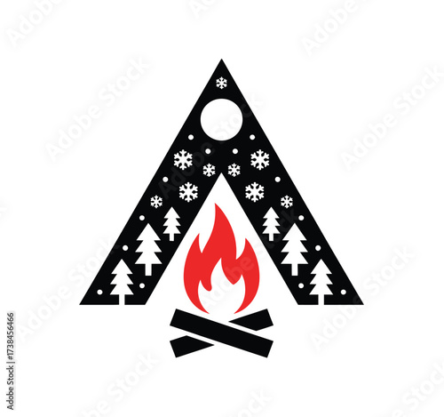 Stylized illustration of a campfire burning brightly under starry night sky enclosed within a christmas tree shape vector art