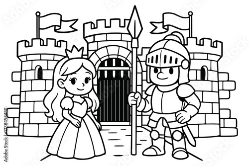 Knight Guarding Castle. Princess & Knights coloring page: knight guarding castle gate with spear, banners waving, stone walls