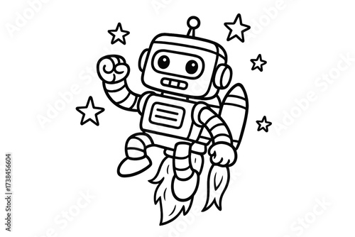 Jetpack Robot Adventure. Robots & Gadgets coloring page: robot with rocket jetpack flying high, flames below, stars above, black