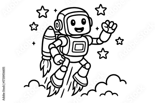 Jetpack Robot Adventure. Robots & Gadgets coloring page: robot with rocket jetpack flying high, flames below, stars above, black