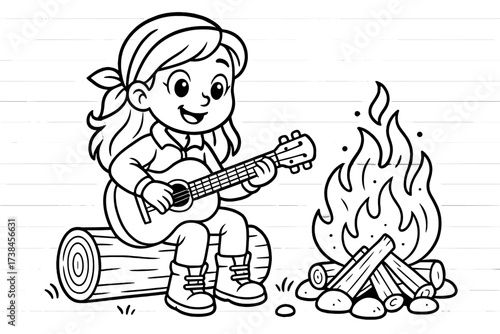 Guitar Campfire Serenade. Camping coloring page: girl sitting on log playing guitar, campfire crackling nearby, black and white
