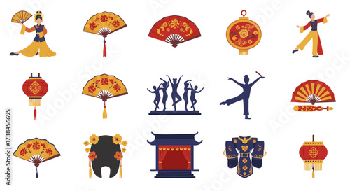 Vector icons set Chinese fan dance performance traditional culture