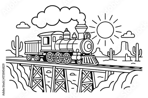 Steam Train at Sunset. Western train coloring page: steam locomotive crossing desert bridge, smoke puffing, sun setting, black and
