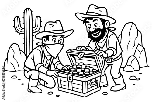 Outlaws' Treasure Discovery. Treasure hunt coloring page: outlaws opening chest of gold coins, cactus behind, desert rocks nearby,