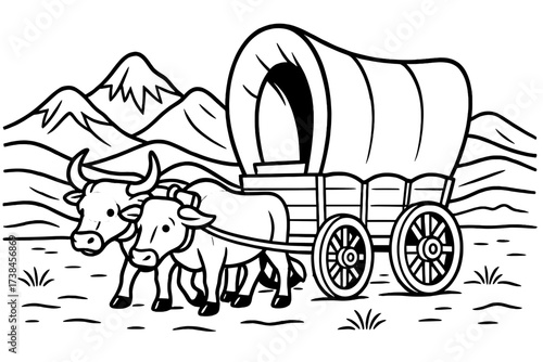 Pioneer Wagon Scene. Pioneer trail coloring page: covered wagon with oxen pulling, mountains and desert hills behind, black and