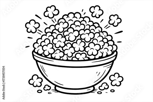 Overflowing Popcorn Cartoon. Golden crunch coloring page: bowl of popcorn overflowing, kernels popping around, black and white