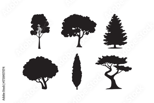 collection of stylized tree silhouettes flat nature vector for design