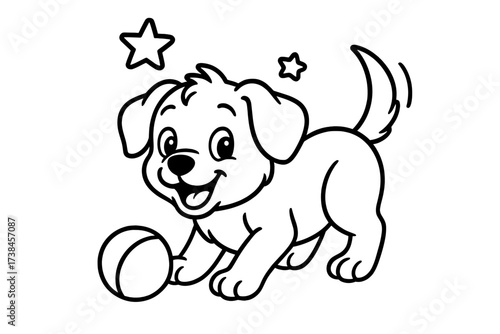 Playful Puppy Page. Playful puppy coloring page: dog wagging tail with ball nearby, stars floating above, black and white vector