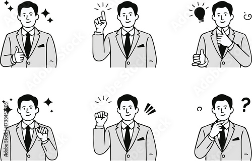 vector man expressions pack ai eps png jpeg suit green tie gesture icons thumbs up question idea
