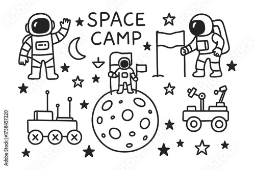Doodle Space Adventure. Doodle space camp with astronauts, flags on the moon, and rovers in black and white isolated transparent