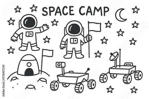 Doodle Space Adventure. Doodle space camp with astronauts, flags on the moon, and rovers in black and white isolated transparent