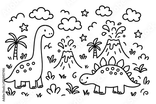 Dinosaurs in Doodle World. Imaginary doodle world with brontosaurus, stegosaurus, and volcanoes in black and white isolated
