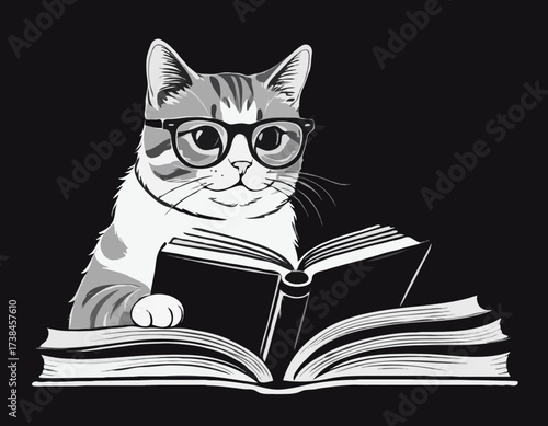 Cute Cat Wearing Glasses Deeply Engrossed in Reading a Book in a Fun Black and White Vector