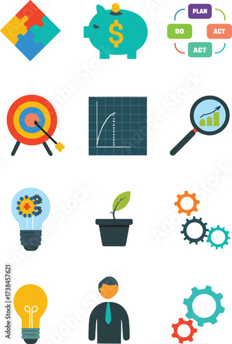 Set of twelve colorful business icons, strategy and innovation concepts, vector illustration for planning, teamwork, growth, analytics, goal setting, and financial management
