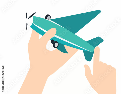 Hand holding toy airplane image vector isolated on white background.