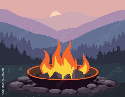 Fire pit with glowing flames image vector isolated on white background