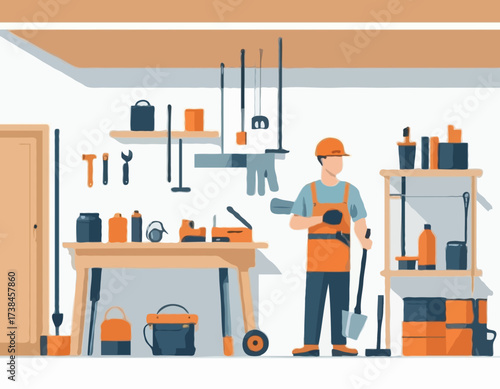 Carpenter Working Home Garage Images vector isolated on white background.