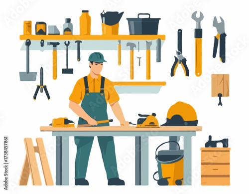 Carpenter Working Home Garage Images vector isolated on white background.