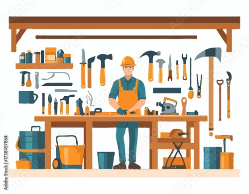 Carpenter Working Home Garage Images vector isolated on white background.