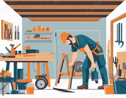 Carpenter Working Home Garage Images vector isolated on white background.