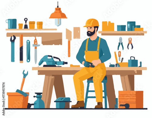 Carpenter Working Home Garage Images vector isolated on white background.