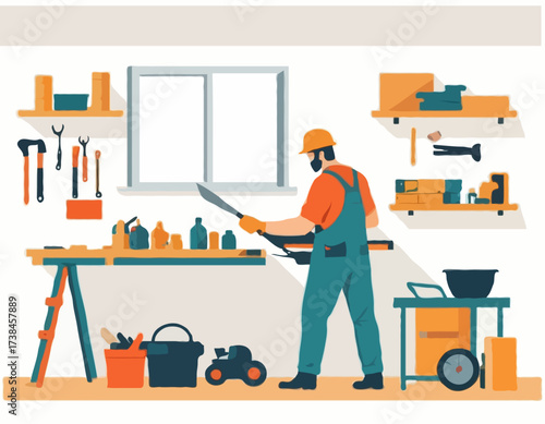 Carpenter Working Home Garage Images vector isolated on white background.
