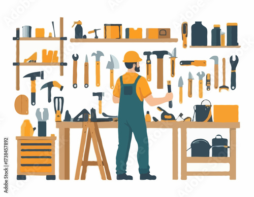 Carpenter Working Home Garage Images vector isolated on white background.