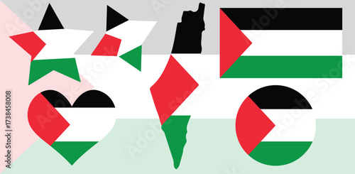 Free Download Set of Palestine Flag Icons – Heart, Star, Circle, love, button, Map, diamond Silhouette and Rectangle Shapes with Red, Green, White and Black Colors – Palestinian National Symbol Vector Illustration - GFXLoad