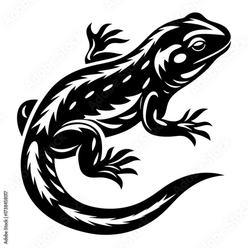 Stylized black and white lizard with decorative pattern on a white background