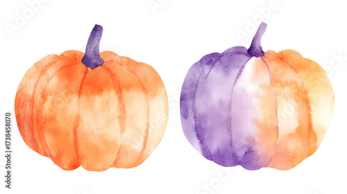 Hand-painted watercolor illustration of a colorful pumpkin for Halloween, autumn, or Thanksgiving seasonal decoration