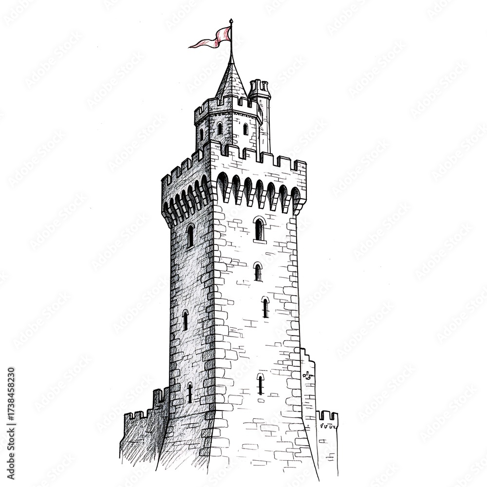 Obraz premium Hand-drawn medieval castle tower with flag illustration