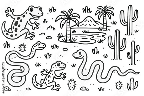 Desert Wildlife Illustration. Playful desert illustration with lizards, snakes, and palm oases in black and white isolated
