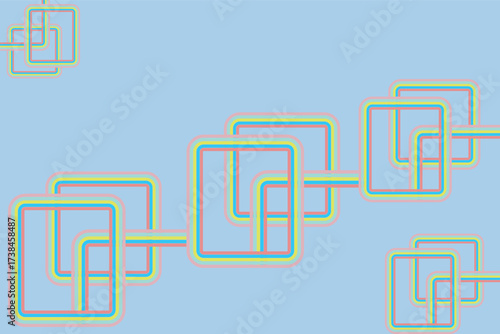 Colorful lined square shapes intertwine creating a playful abstract arrangement on a pastel blue surface
