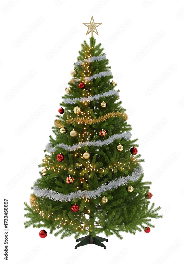 Fototapeta premium A beautifully decorated christmas tree isolated on transparent background, adorned with colorful ornaments, twinkling lights, and shimmering garlands, creating a festive and joyful atmosphere for the