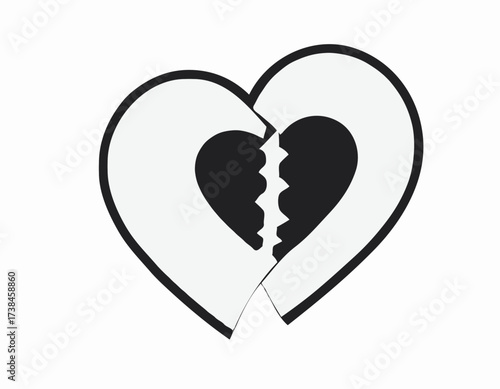 Black and white Broken heart with a bandage wrapped around Image vector isolated on white background.