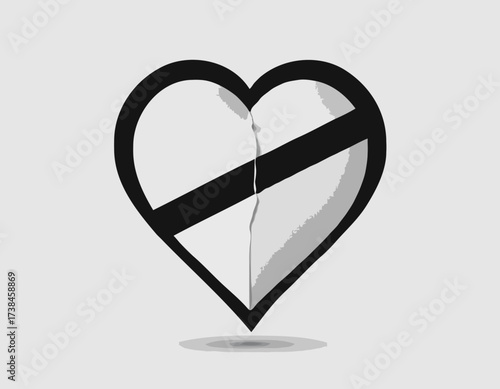 Black and white Broken heart with a bandage wrapped around Image vector isolated on white background.