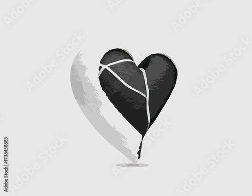 Black and white Broken heart with a bandage wrapped around Image vector isolated on white background.