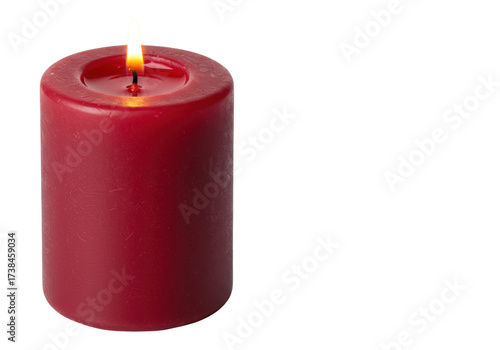 Burning red pillar candle isolated on transparent background, wax candle with flame for decoration and romantic atmosphere PNG